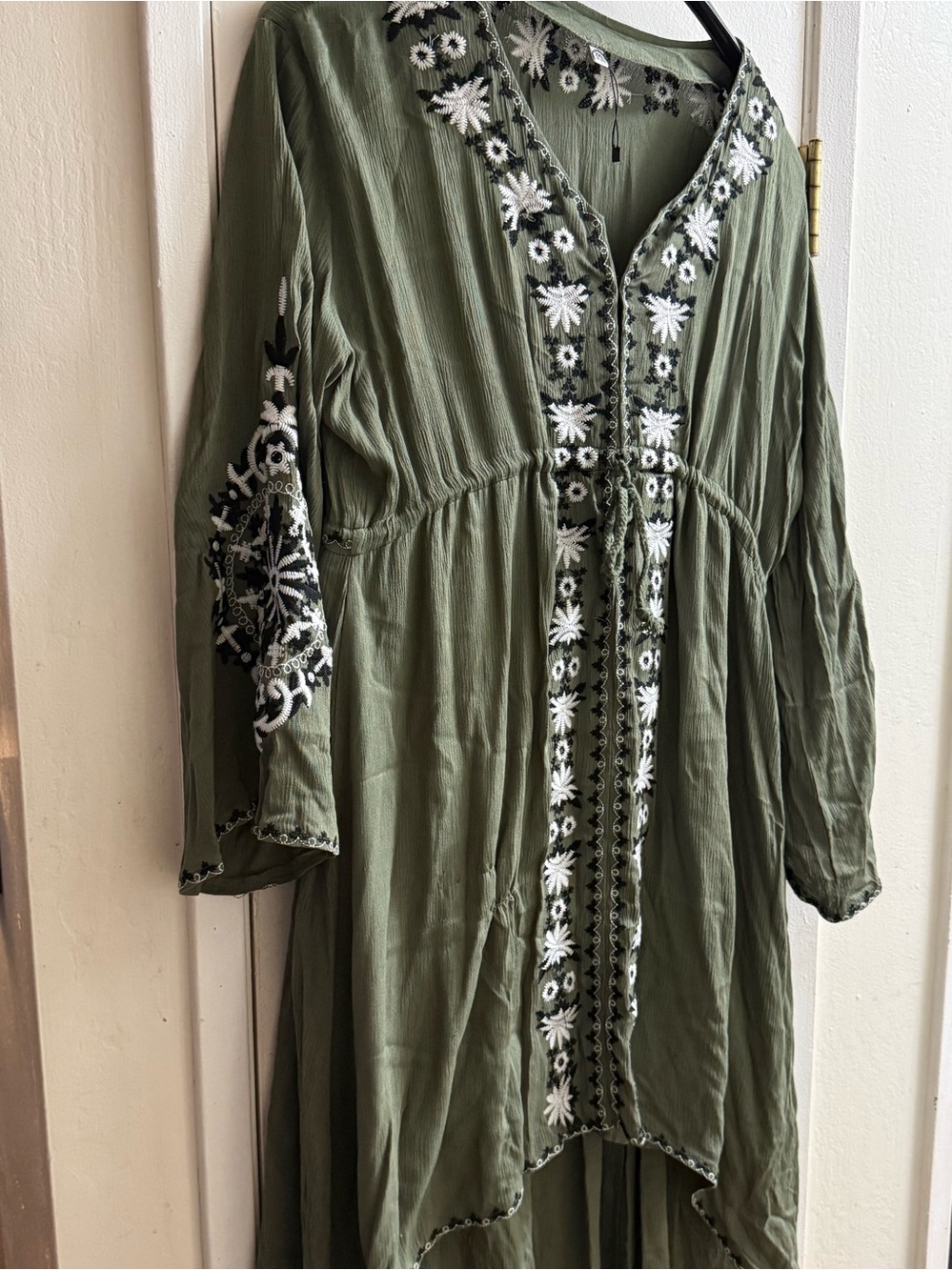 Olive Green Embroidered V-Neck Women’s Dress